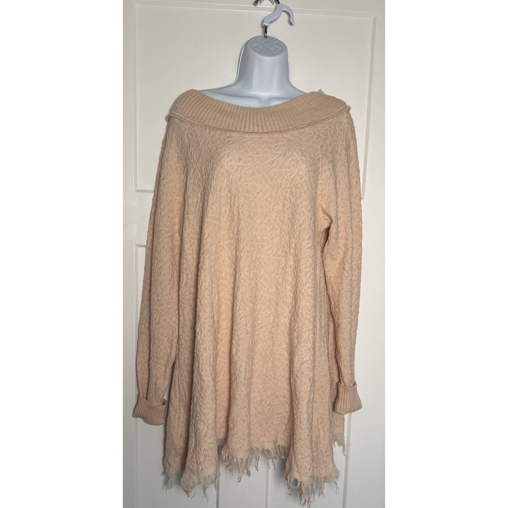 Free People Broken Glass Textured Fringe Tunic Sweater Off Shoulder LARGE Beige